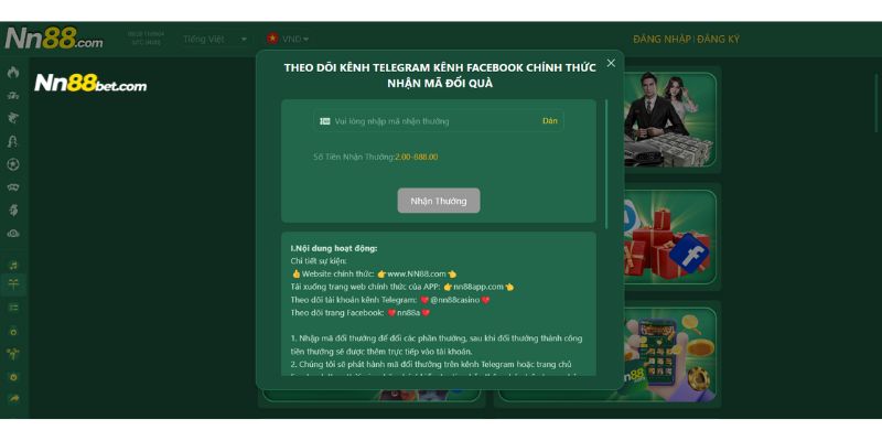 Những bước đăng ký tài khoản để nhận thưởng từ sự kiện theo dõi telegram kênh facebook chính thức Nn88